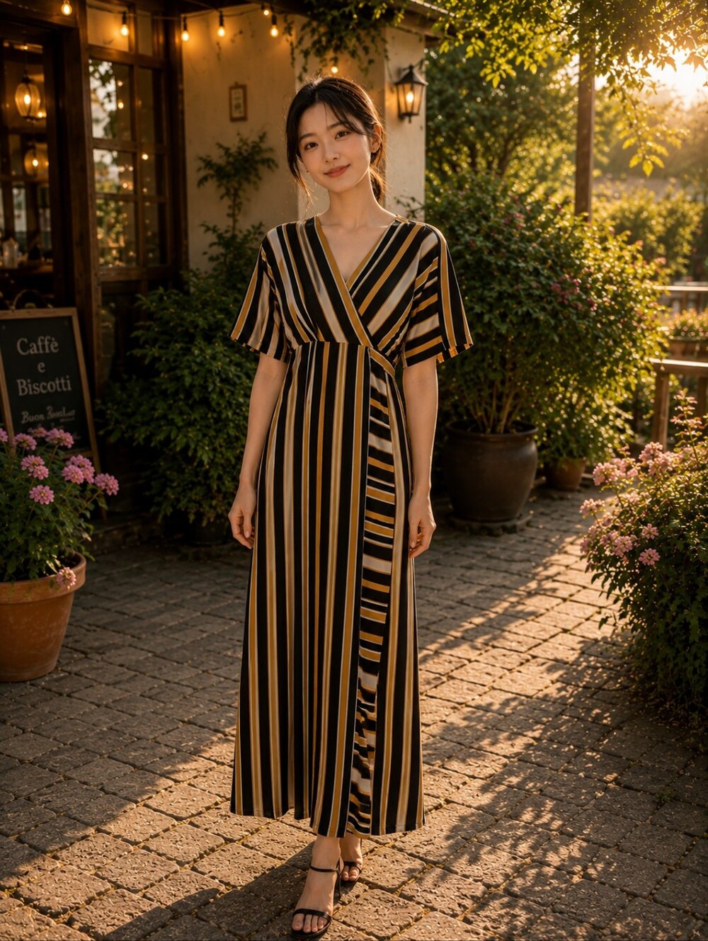 Forever 21 Mustard Yellow Black White Striped Wrap Tie Midi Dress Empire Waist